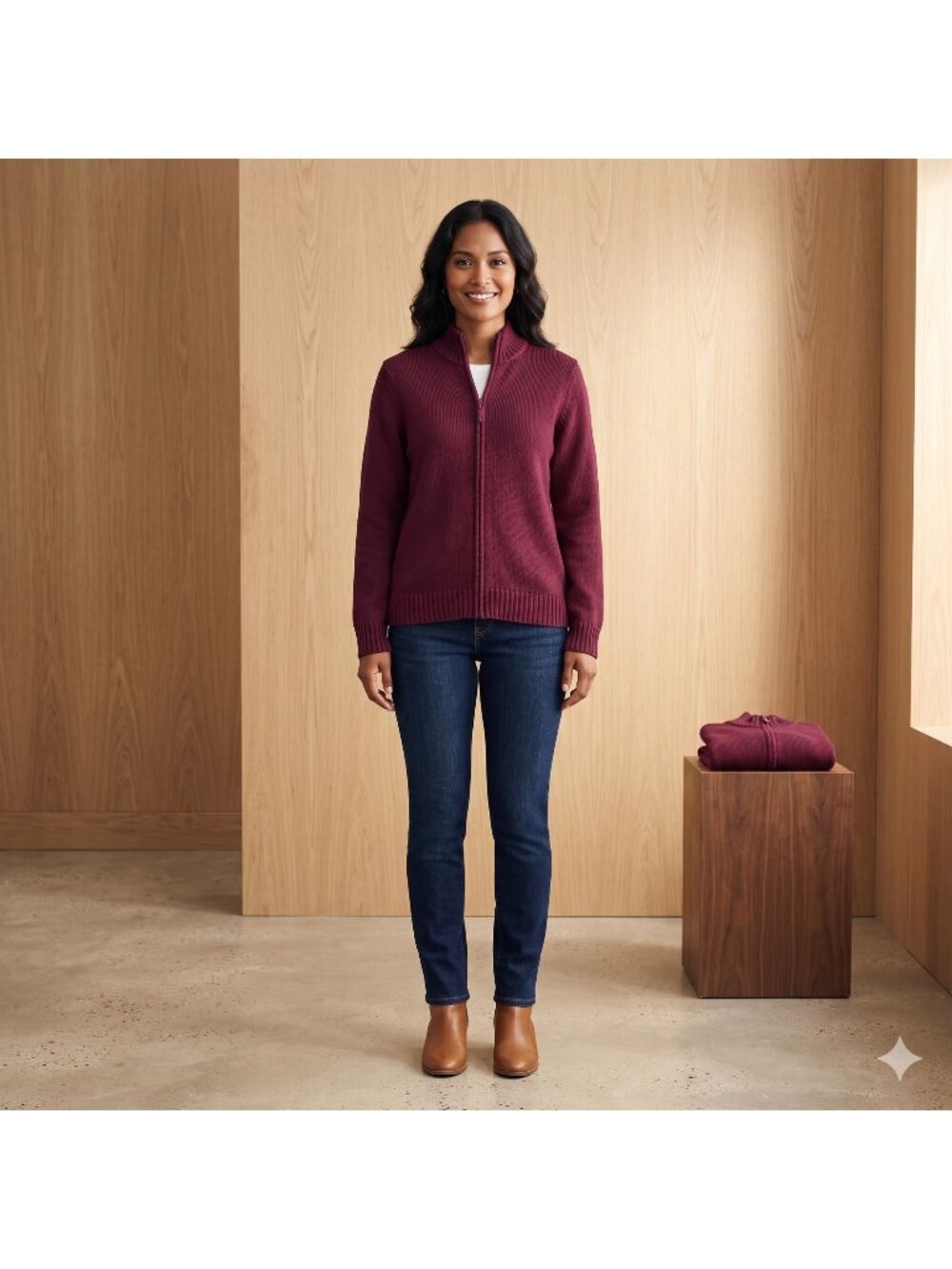 Lands End Women's Cardigan Sweater Medium Burgundy Full-Zip 100% Cotton Knit